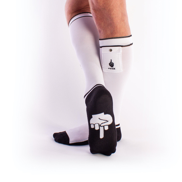 Fetyszowe getry piłkarskie z kieszonkami po bokach Brutus FXXX Party Socks White/Black