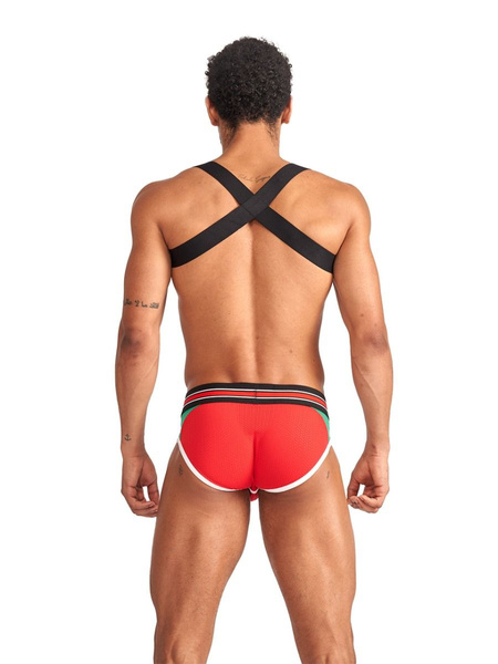 Czerwona elastyczna uprząż na tors Mister B Urban Club harness X-back Striped Red