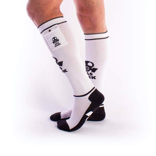 Fetyszowe getry piłkarskie z kieszonkami po bokach Brutus Gas Mask Party Socks White/Black