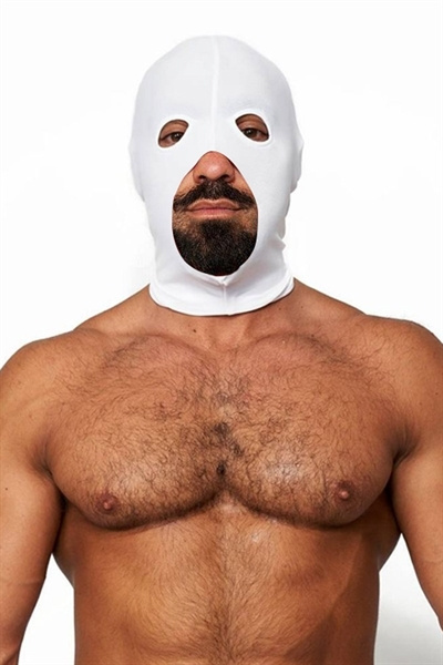 Білий капюшон з лайкри з отвором для очей та великим для рота Mister B Lycra Cocksucker Hood White