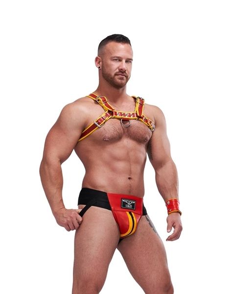 Skórzane jockstrapy Mister B Leather Circuit Jockstrap Red Yellow 