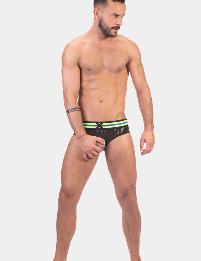 Jockstrapy z otworem na penisa Barcode Lets Play Cock Foster Black-Neonyellow-Royal 